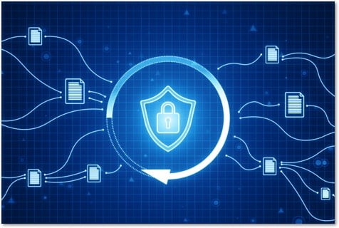 Glowing shield icon with a lock inside of it surrounded by a circular arrow with documents attached by wires