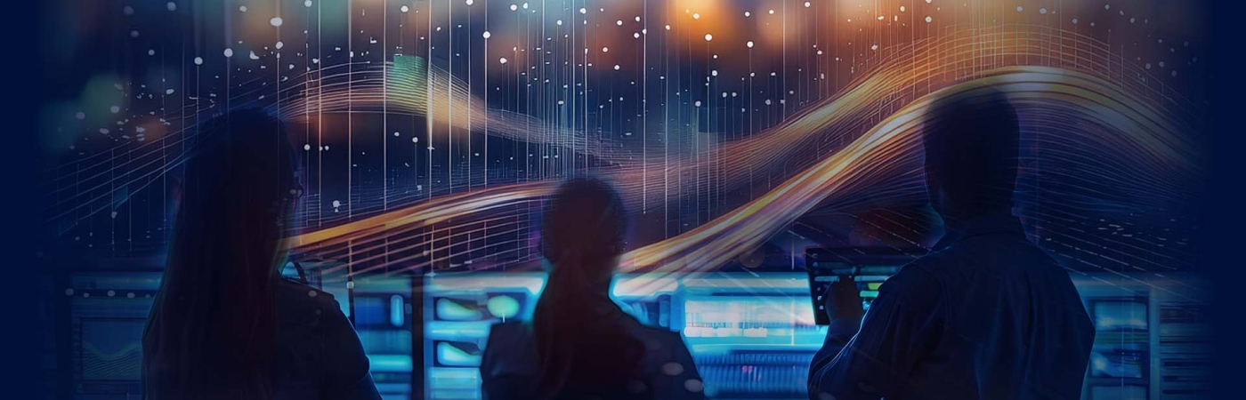 3 people standing with their backs to us in front of a glowing blue console looking out at starry lights and swirls