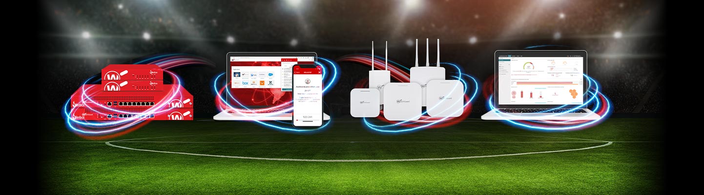 WatchGuard products wrapped in glowing lines floating above a sports field