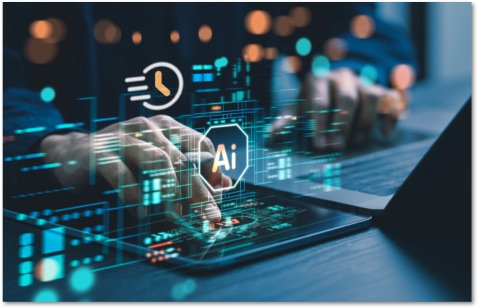 AI and rapid response icons floating in front of laptop and tablet computer screens