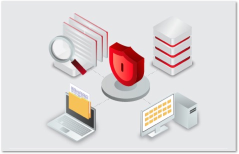 Illustrations of endpoints and buildings surrounding a red shield icon
