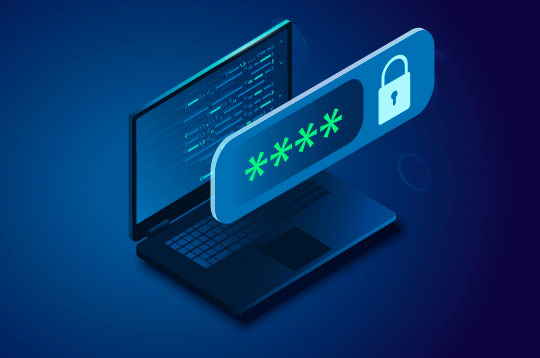Password prompt with lock icon next to it floating in front of a laptop