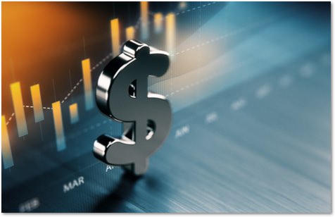 Silver 3D dollar symbol standing in front of a glowing bar chart