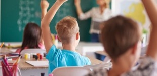 Students raising their hands in a classroom
