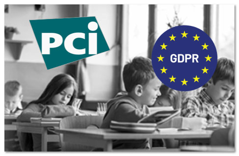 Children in a classroom with PCI and GDPR logos on top