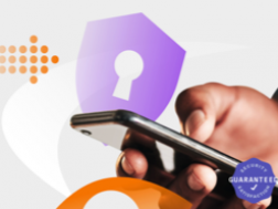 Hand holding a cell phone with a purple lock icon floating nearby