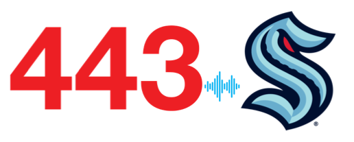 The 443 Security Simplified podcast logo next to the Seattle Kraken blue S symbol