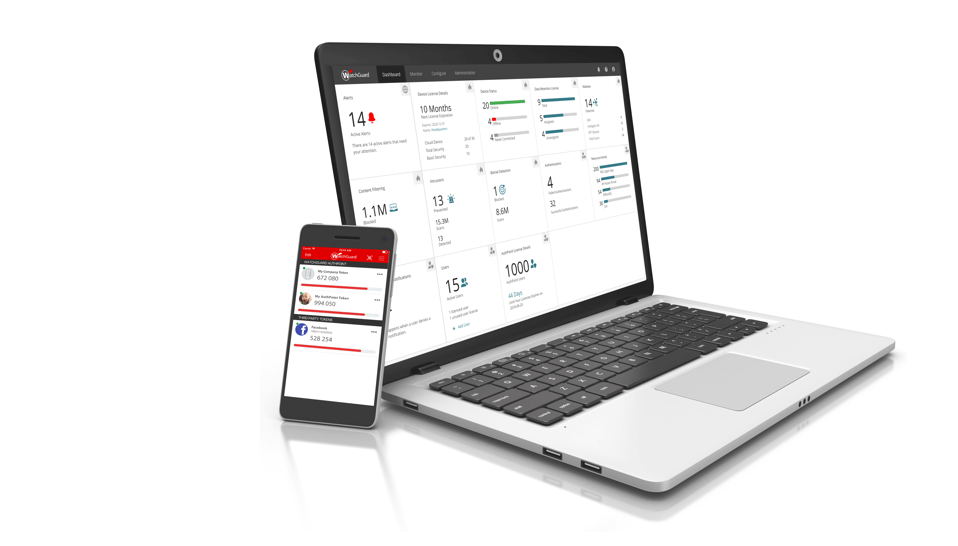 WatchGuard AuthPoint management screen on a laptop screen with a mobile phone propped in front showing AuthPoint mobile app